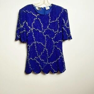 Carina Vintage Sequin 100% Silk Beaded Lined Top Blouse Small Bright Blue